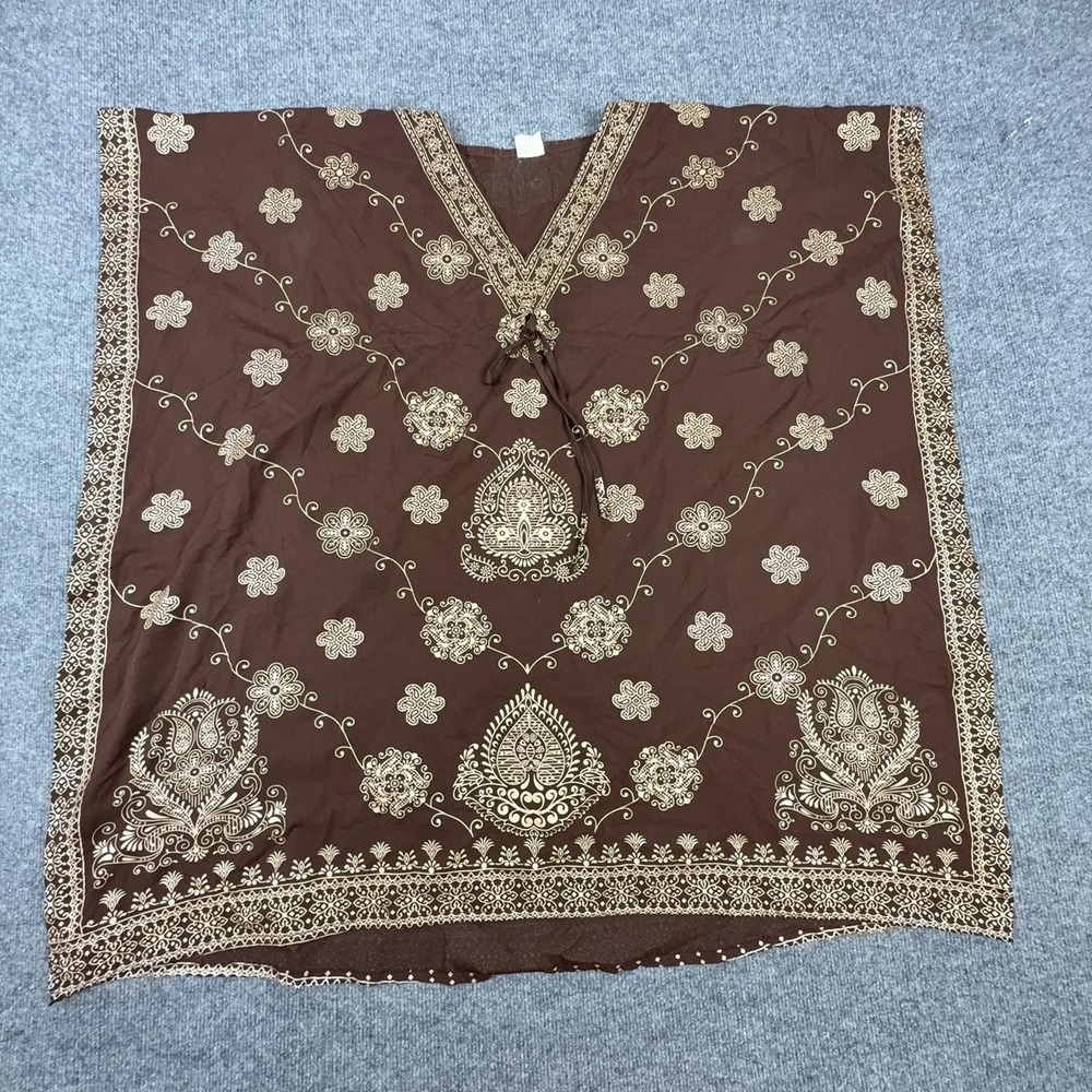 Tunic Top Womens One Size Brown Floral V Neck Kaftan Poncho Boho Sleeveless